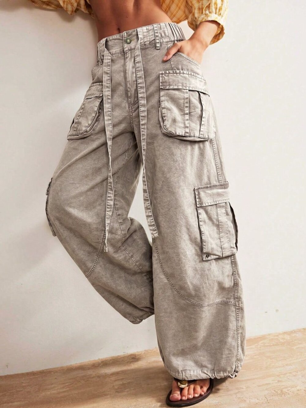 Apricot Casual Women's Woven Loose Cuffed Low Waist Loose Long Pants - Picture 3 of 10